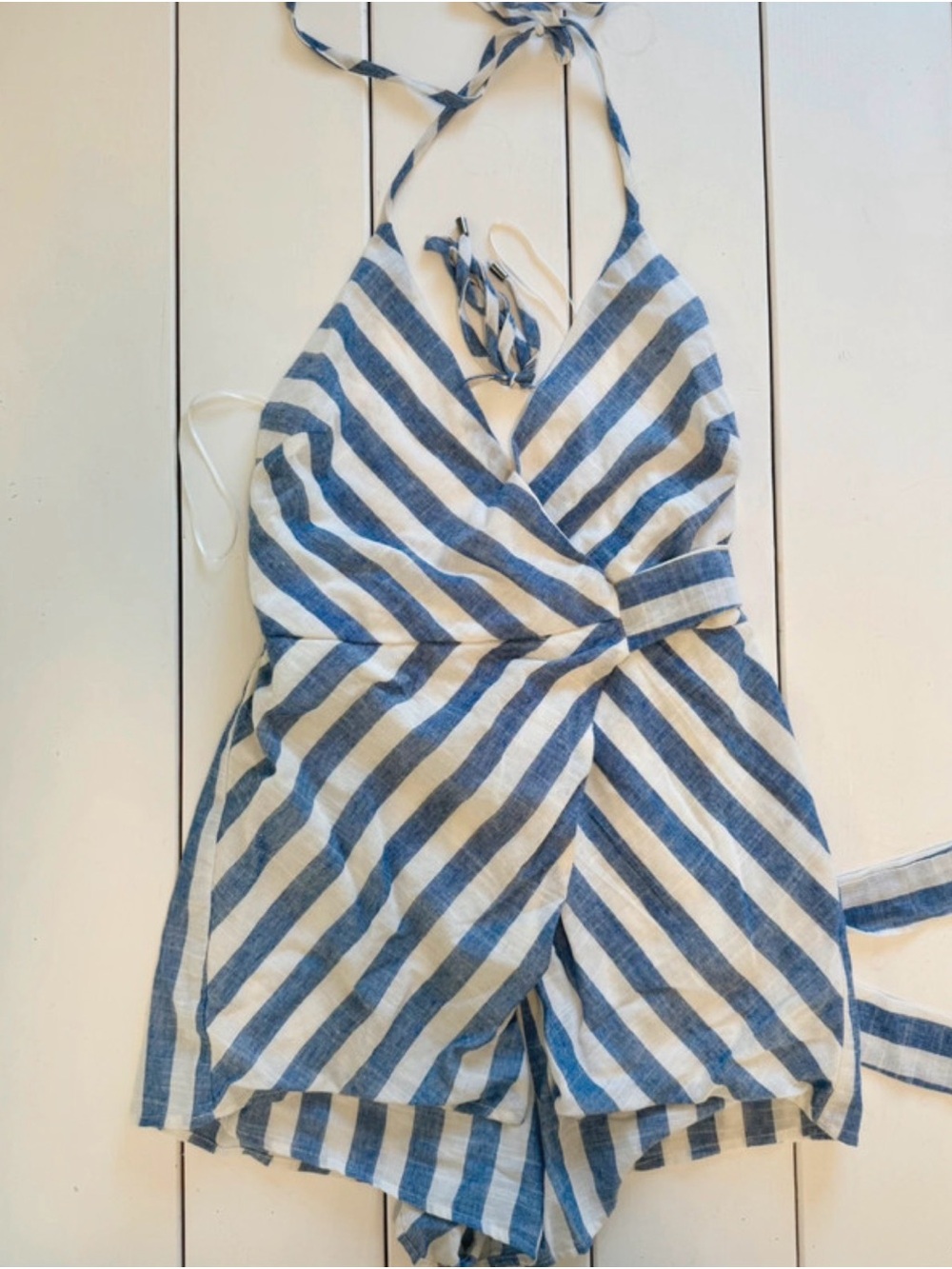 Luxxel Blue and White Striped Halter Romper